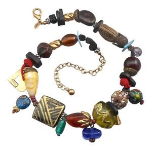 Chico’s Layered Mixed Bead Statement Necklace Boho Artisan Tribal Adjustable